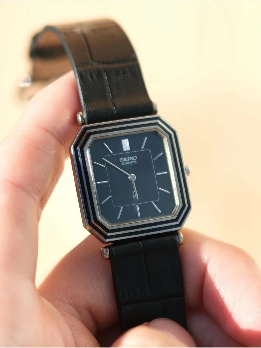 Seiko Black Octagonal Quartz Watch with Silver Accents